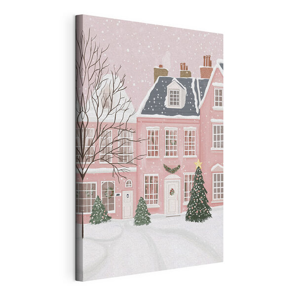 Canvas Schilderijen Roze huis met bomen en sneeuw