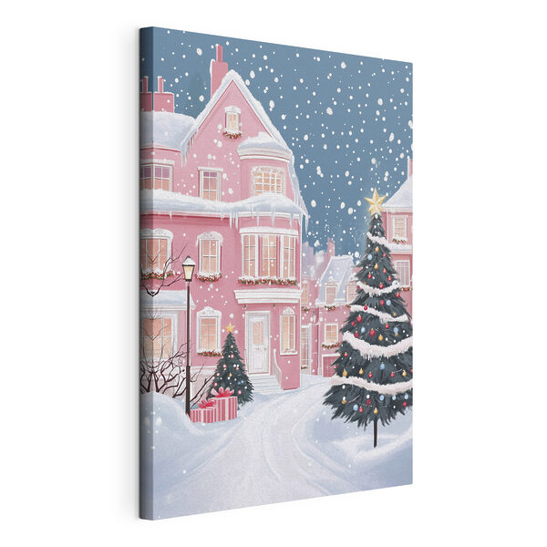 Canvas Schilderijen Kerstboom voor een roze huis