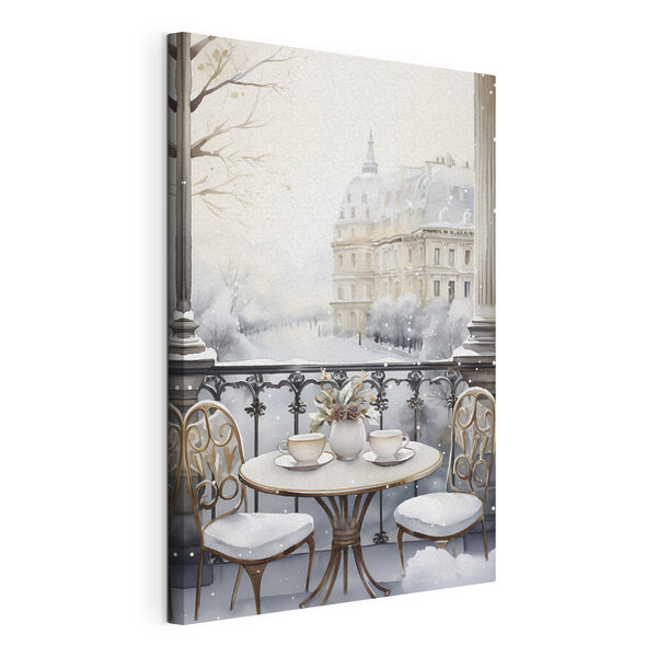 Canvas Schilderijen Tafel met kopjes en een vaas bloemen met een besneeuwd landschap (Artikelnummer: s42796) Canvas Schilderijen Canvas Schilderijen Tafel met kopjes en een vaas bloemen met een besneeuwd landschap (Artikelnummer: s42796)