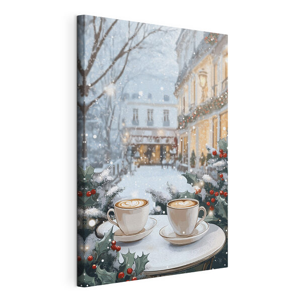 Canvas Schilderijen Twee kopjes koffie op een tafel voor een besneeuwde straat