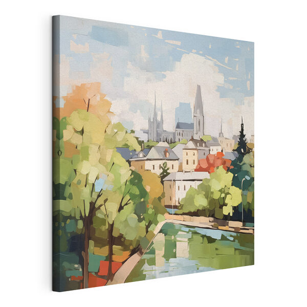 Schilderij van een stad met bomen en een rivier Canvas Schilderijen Schilderij van een stad met bomen en een rivier