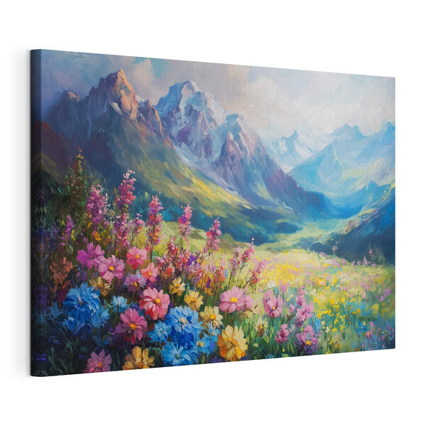 Schilderij van bloemen in een veld met bergen op de achtergrond Canvas Schilderijen Schilderij van bloemen in een veld met bergen op de achtergrond