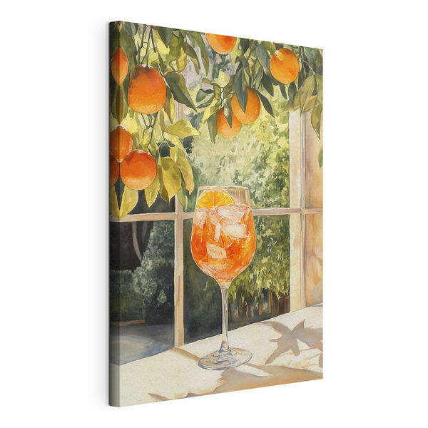 Canvas Schilderijen Glas sinaasappelsap met ijs en sinaasappels uit een raam