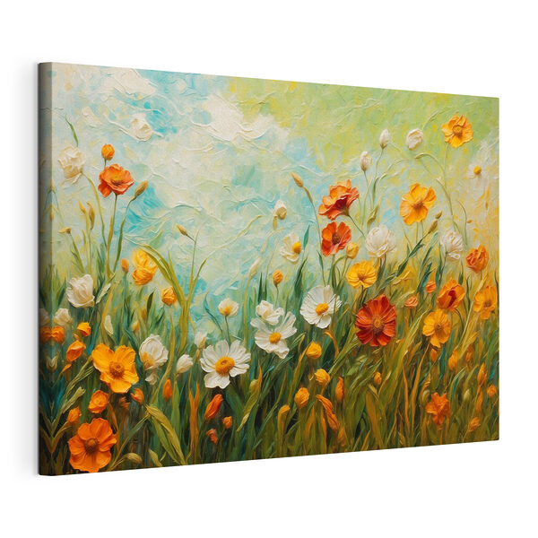 Canvas Schilderijen Schilderij van bloemen in een veld