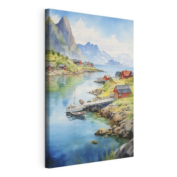 Canvas Schilderijen Aquarel van een rivier met een boot en huizen erop
