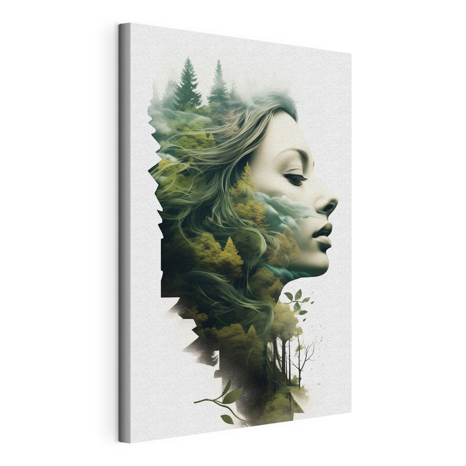 Woman's face with trees and clouds