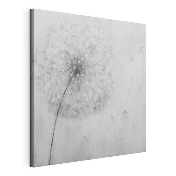 Canvas Schilderijen Paardenbloem met in de lucht vliegende zaadjes