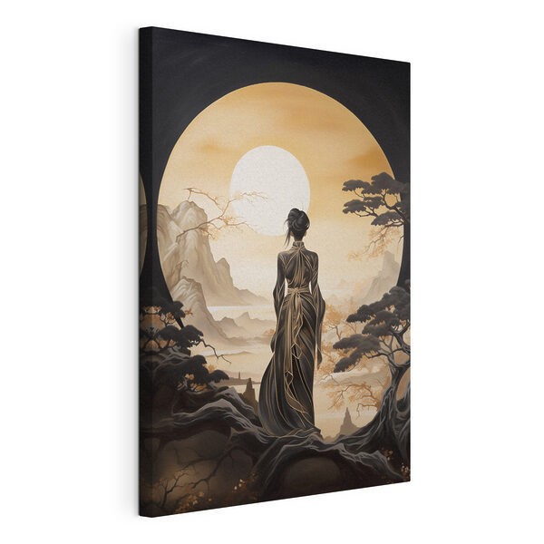 Canvas Schilderijen Vrouw in een lange jurk kijkt naar de zon (Artikelnummer: s43256) Canvas Schilderijen Canvas Schilderijen Vrouw in een lange jurk kijkt naar de zon (Artikelnummer: s43256)