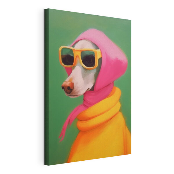 Canvas Schilderijen Hond met roze sjaal en zonnebril