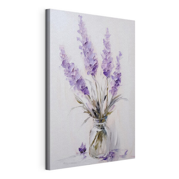 Schilderij van paarse bloemen in een glazen vaas Canvas Schilderijen Schilderij van paarse bloemen in een glazen vaas