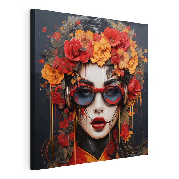 Canvas Schilderijen Canvas Schilderijen Vrouw met bloemen in haar haar en bril (Artikelnummer: s43362)