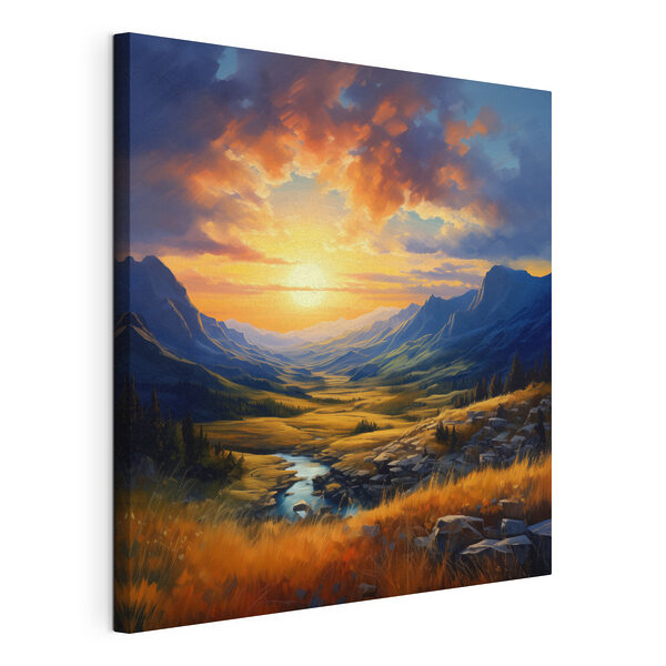 Landschap met een rivier en bergen Canvas Schilderijen Landschap met een rivier en bergen