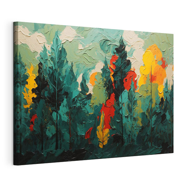 Canvas Schilderijen Schilderij van bomen en zon