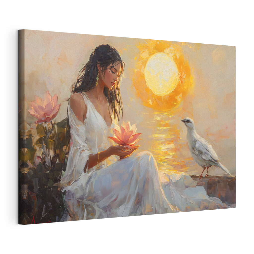 Painting of a woman holding a flower and a bird Painting of a woman holding a flower and a bird