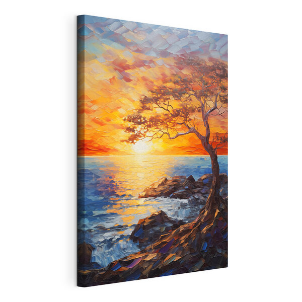 Canvas Schilderijen Boom op een rotskust met een zonsondergang erachter