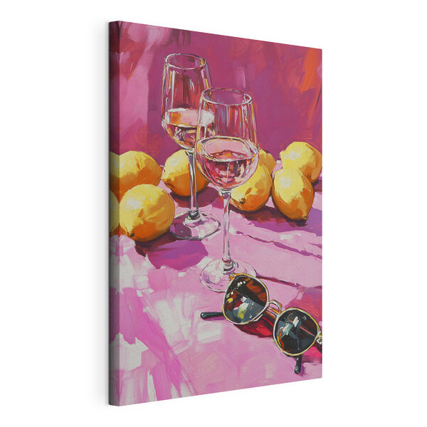 Canvas Schilderijen Schilderij van wijnglazen en citroenen