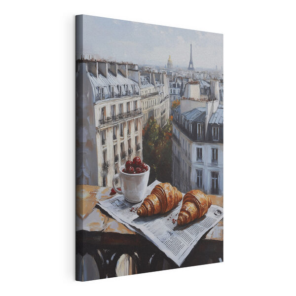 Kopje koffie en croissants op een tafel met gebouwen op de achtergrond Canvas Schilderijen Kopje koffie en croissants op een tafel met gebouwen op de achtergrond