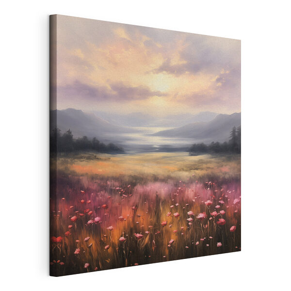 Bloemenveld met bergen op de achtergrond Canvas Schilderijen Bloemenveld met bergen op de achtergrond