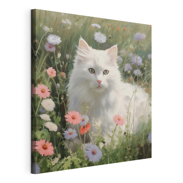 Canvas Schilderijen Witte kat in een bloemenveld