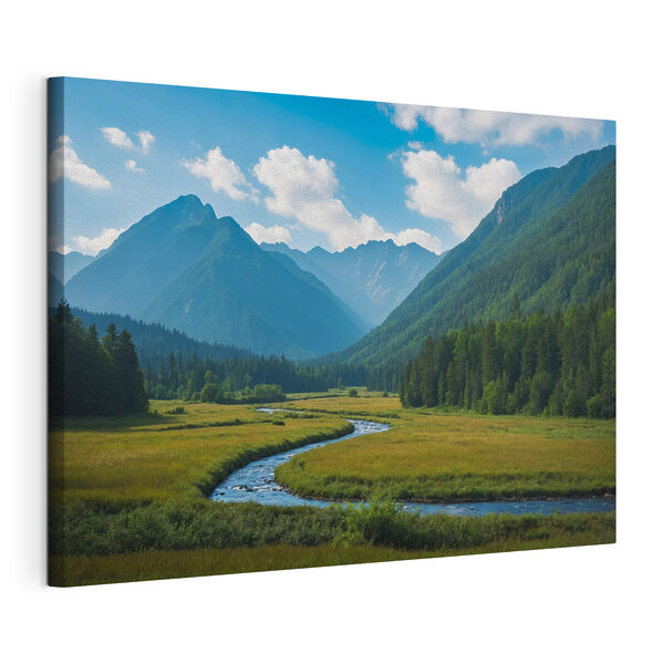 Canvas Schilderijen Rivier stroomt door een vallei met bergen op de achtergrond