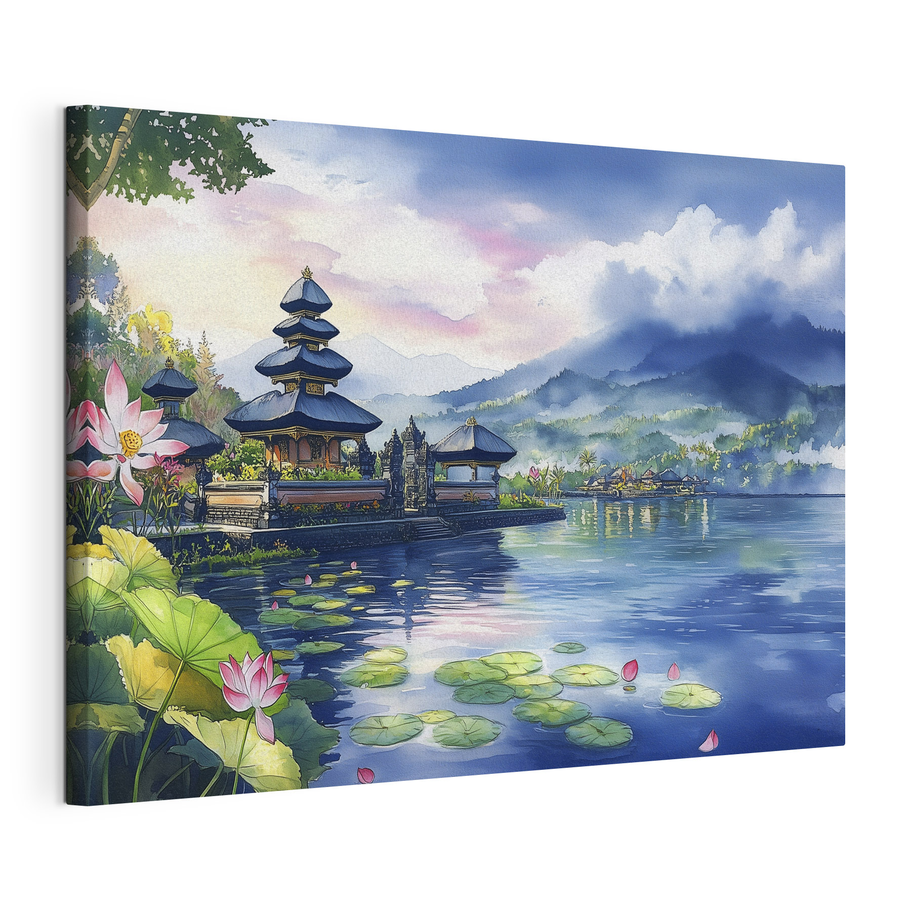 Watercolor painting of a lake with a pagoda and lily pads Watercolor painting of a lake with a pagoda and lily pads