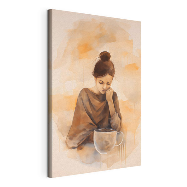 Canvas Schilderijen Vrouw met haar hand op haar gezicht kijkt neer op een kop koffie (Artikelnummer: s44158) Canvas Schilderijen Canvas Schilderijen Vrouw met haar hand op haar gezicht kijkt neer op een kop koffie (Artikelnummer: s44158)