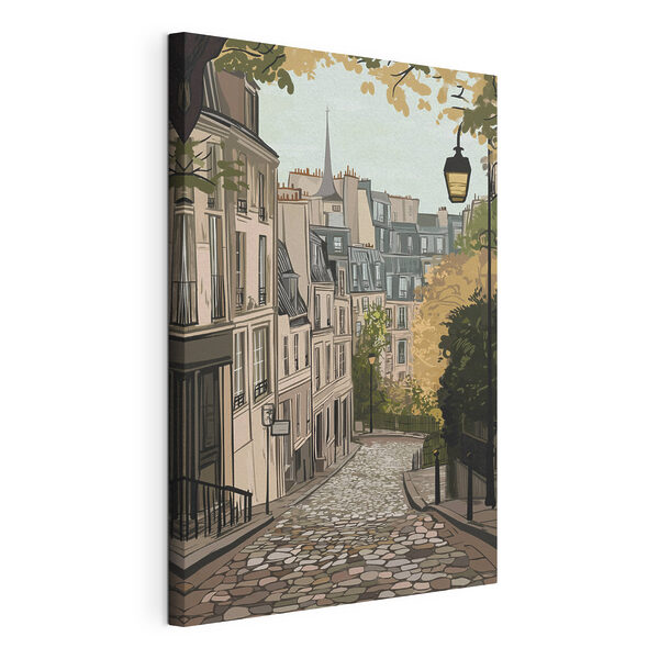 Canvas Schilderijen Straat met gebouwen en een lantaarnpaal