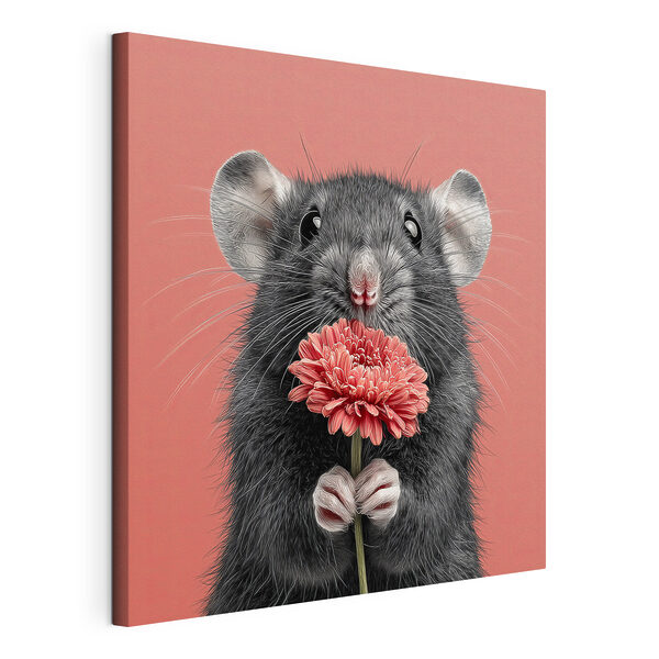 Muis die een bloem vasthoudt Canvas Schilderijen Muis die een bloem vasthoudt