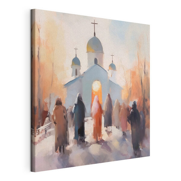 Canvas Schilderijen Groep mensen loopt voor een kerk