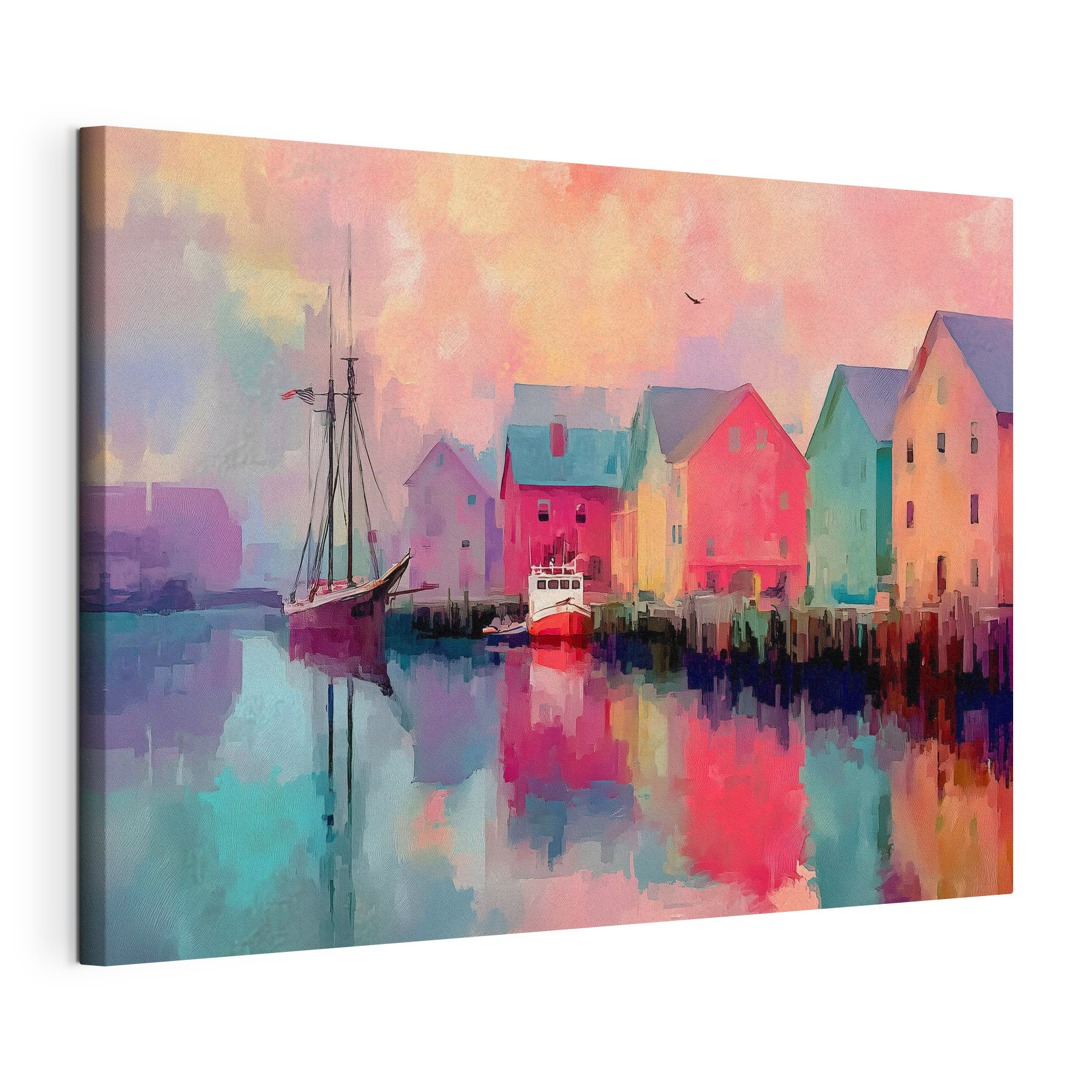 Colorful houses and a boat on the water