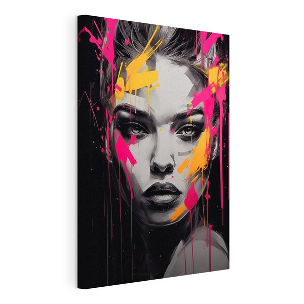 Canvas Schilderijen Schilderij van een vrouw met roze en gele verf op haar gezicht (Artikelnummer: s45319) Canvas Schilderijen Canvas Schilderijen Schilderij van een vrouw met roze en gele verf op haar gezicht (Artikelnummer: s45319)