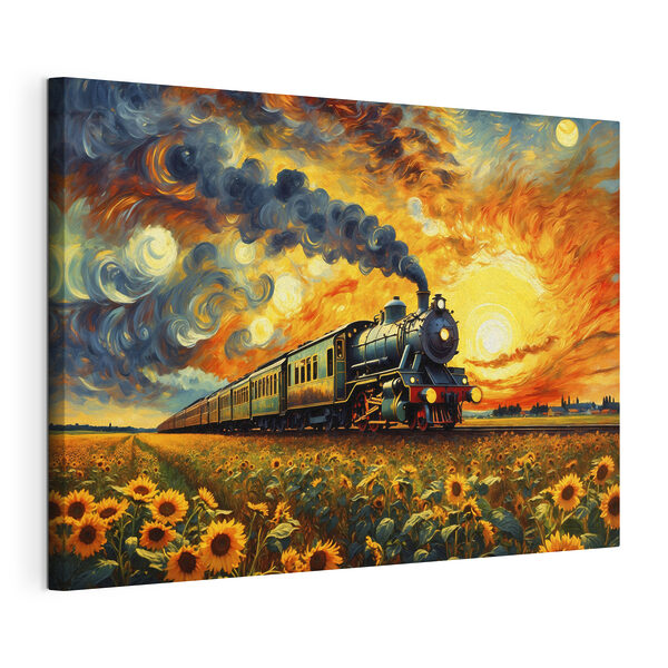 Canvas Schilderijen Canvas Schilderijen Trein op de rails met zonnebloemen en rook die uit de locomotief komt (Artikelnummer: s47257)