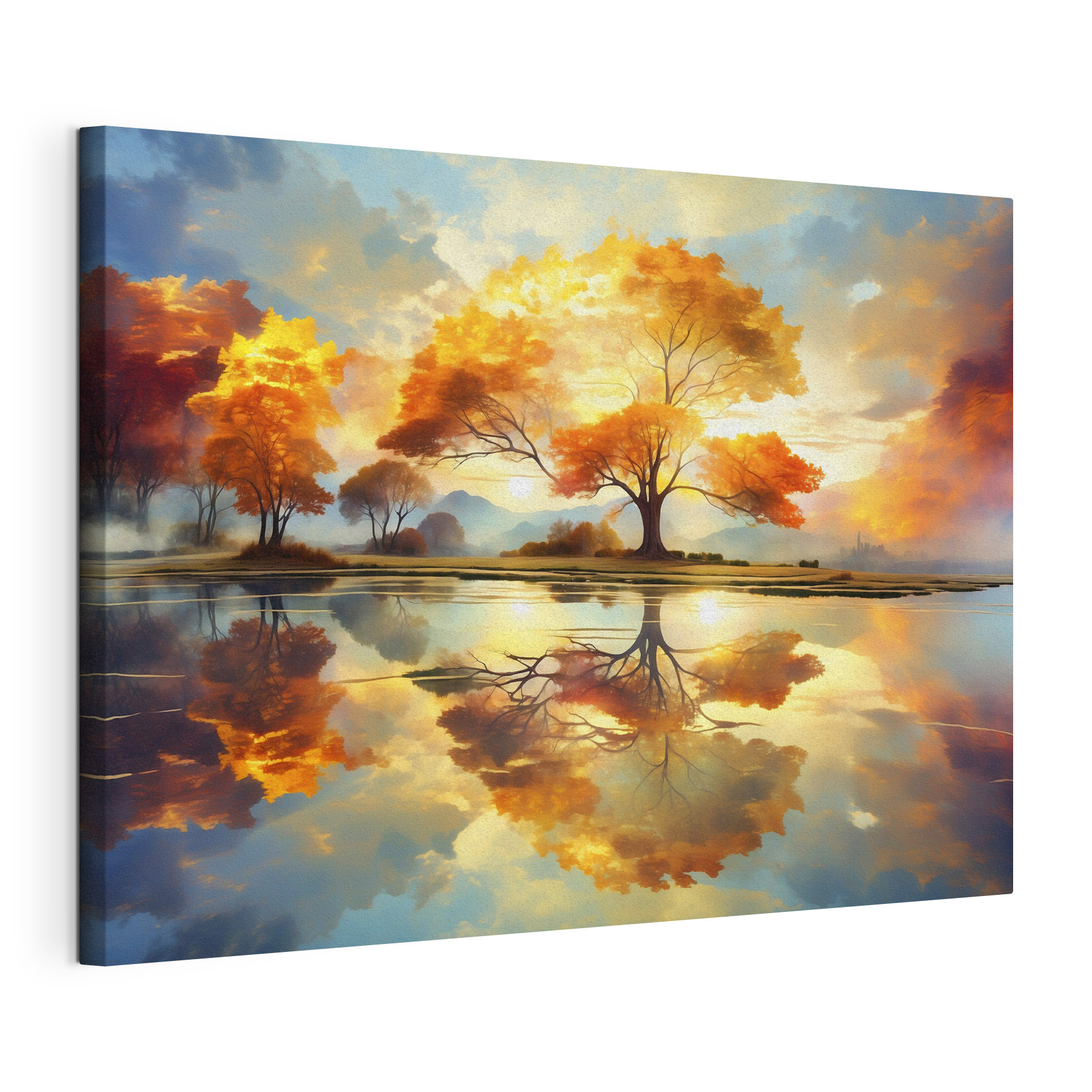 Tree with yellow leaves on the ground and a body of water