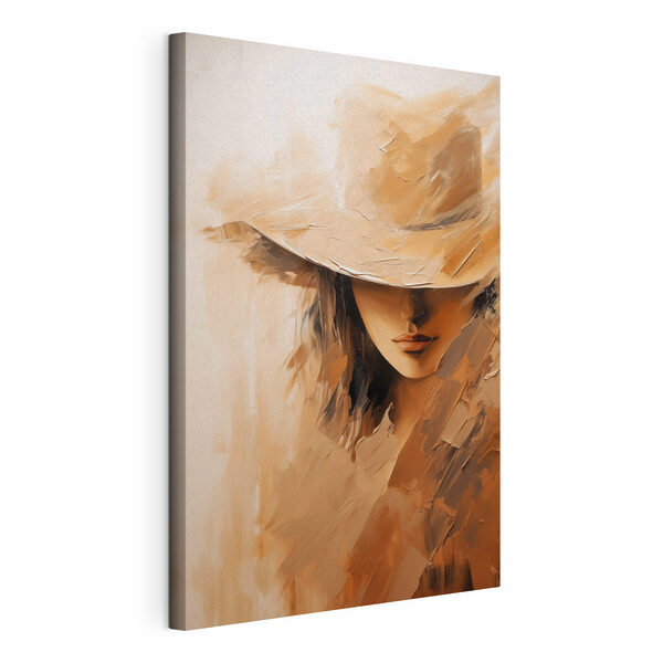 Canvas Schilderijen Schilderij van het gezicht van een vrouw met een hoed (Artikelnummer: s47315) Canvas Schilderijen Canvas Schilderijen Schilderij van het gezicht van een vrouw met een hoed (Artikelnummer: s47315)