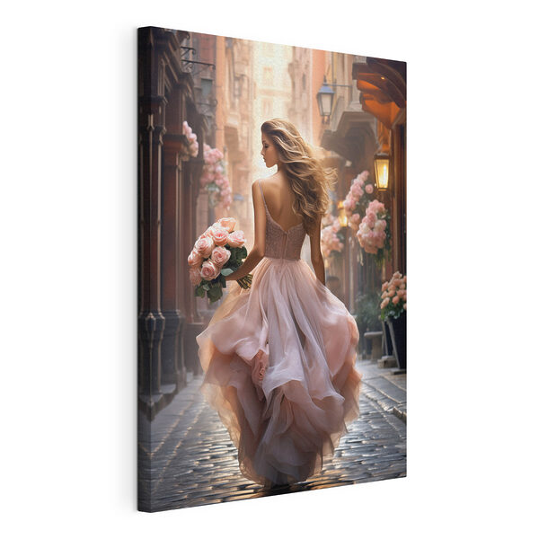 Canvas Schilderijen Vrouw in een jurk met bloemen in haar handen