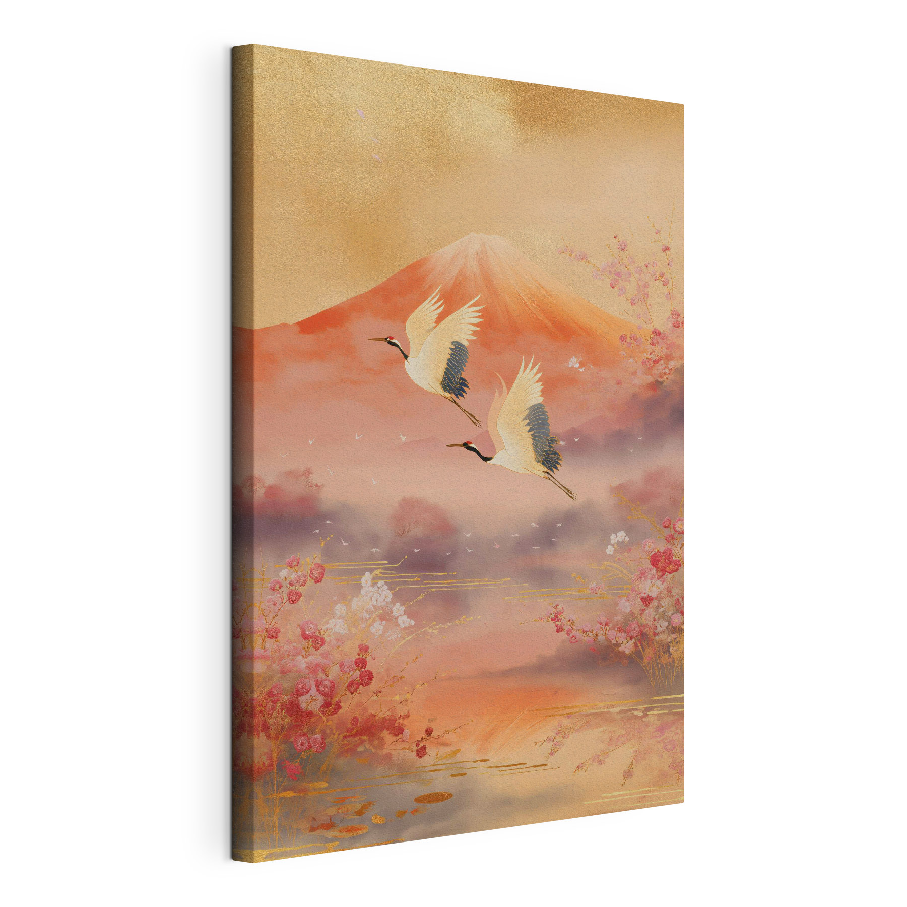 Painting of birds flying over a mountain