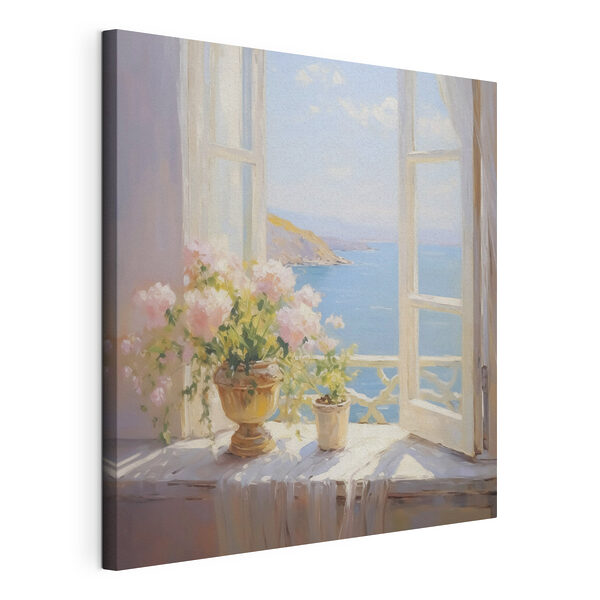 Canvas Schilderijen Schilderij van bloemen op een vensterbank