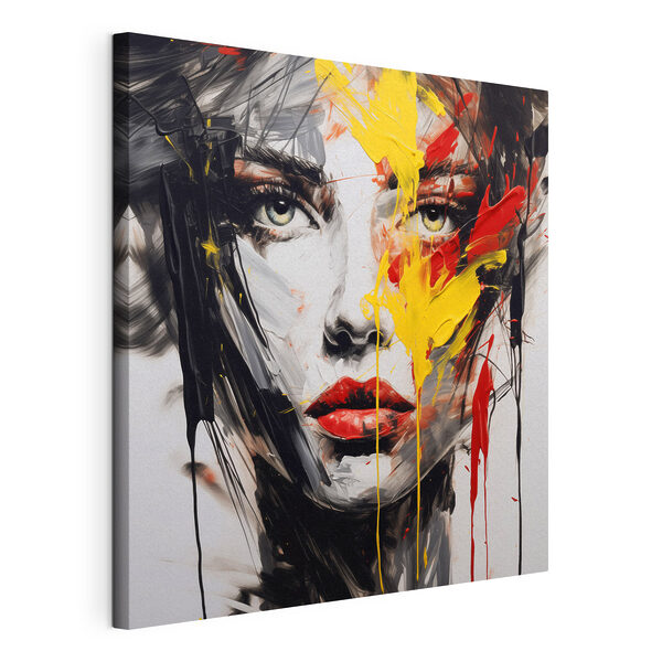 Canvas Schilderijen Canvas Schilderijen Schilderij van het gezicht van een vrouw, geschilderd met rode, gele en zwarte verf (Artikelnummer: s48088)