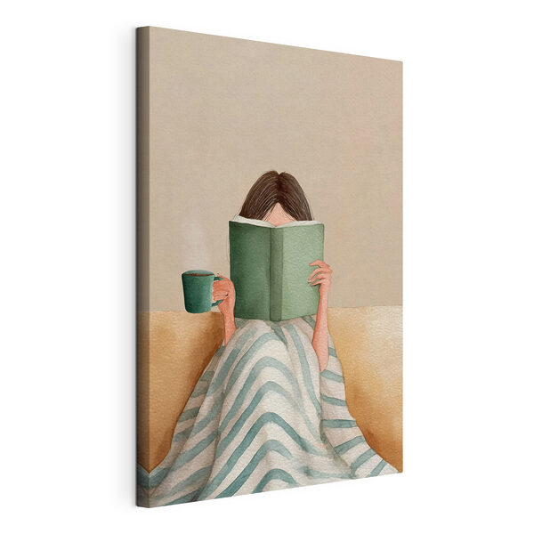 Canvas Schilderijen Vrouw die een boek leest en een kopje vasthoudt