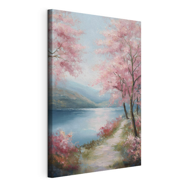 Canvas Schilderijen Schilderij van een meer met roze bomen en bergen (Artikelnummer: s48289) Canvas Schilderijen Canvas Schilderijen Schilderij van een meer met roze bomen en bergen (Artikelnummer: s48289)