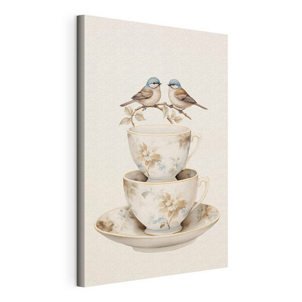 Canvas Schilderijen Canvas Schilderijen Twee vogels op een theekopje (Artikelnummer: s48347)