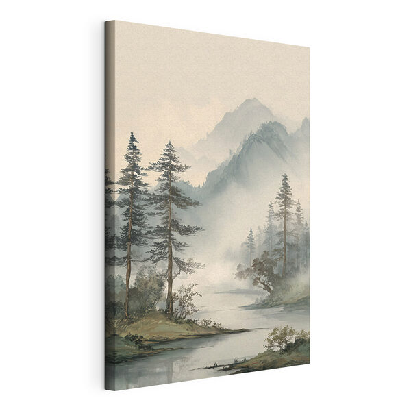 Canvas Schilderijen Rivier met bomen en bergen op de achtergrond