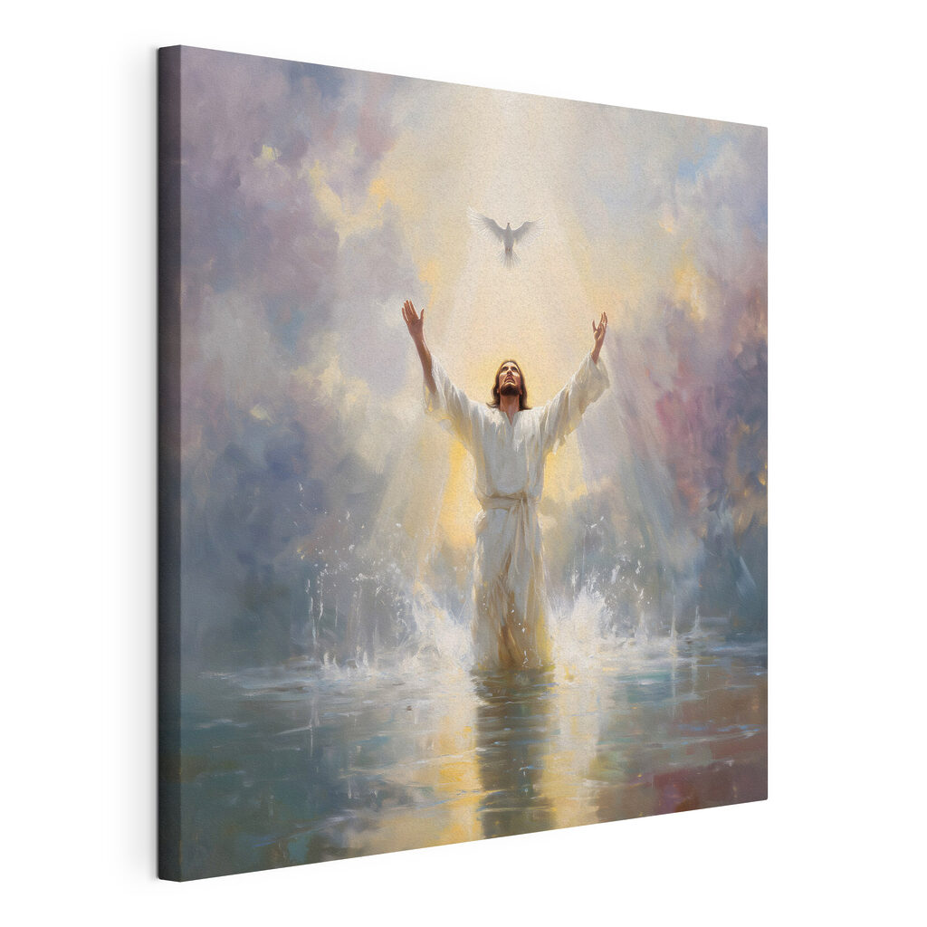 Man in white robe standing in water with arms outstretched