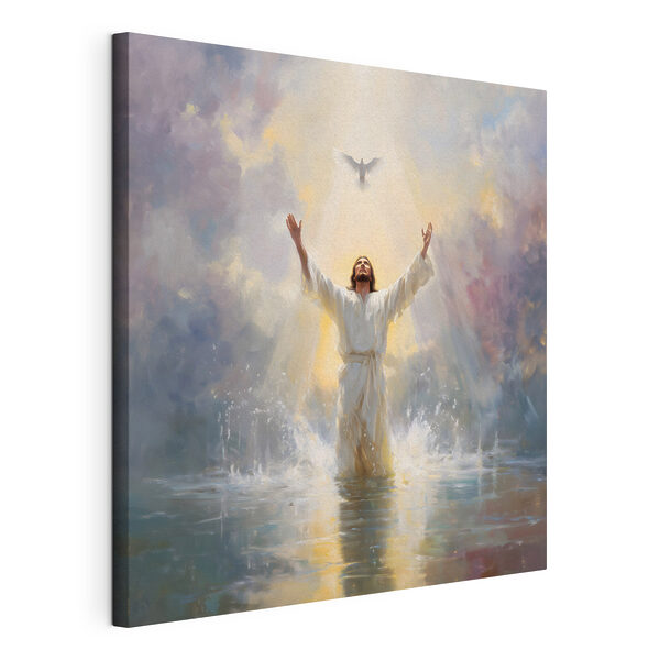 Man in een wit gewaad die in het water staat met uitgestrekte armen Canvas Schilderijen Man in een wit gewaad die in het water staat met uitgestrekte armen