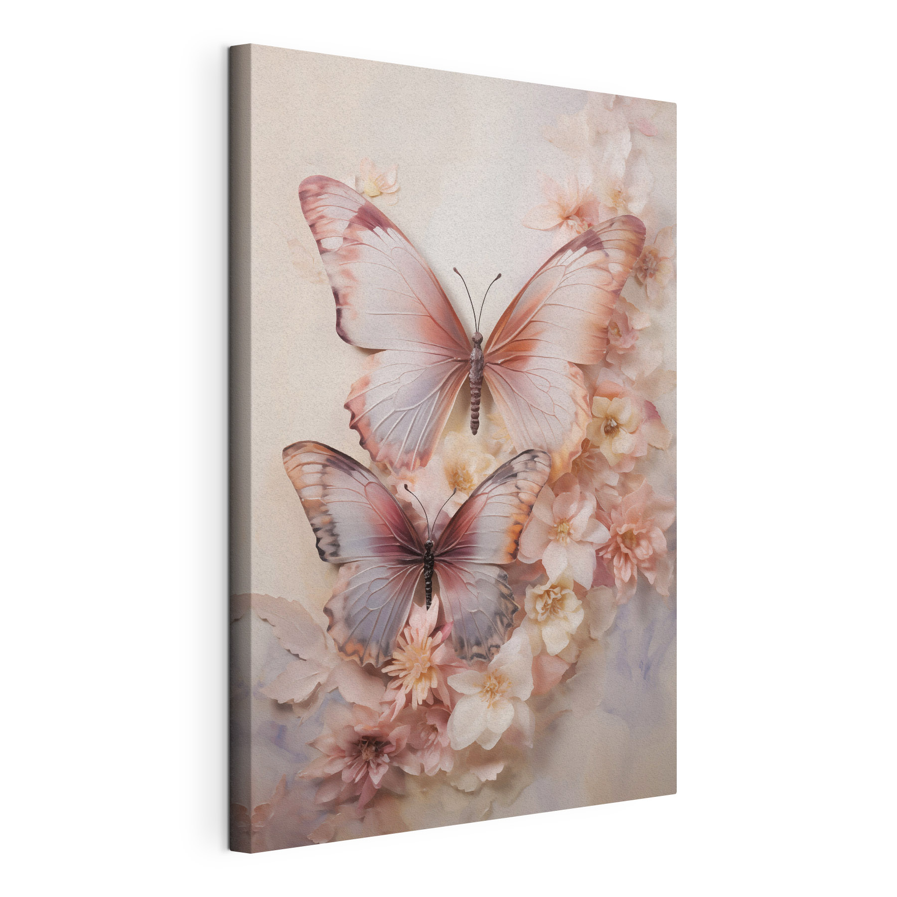 Butterflies on a wall with flowers