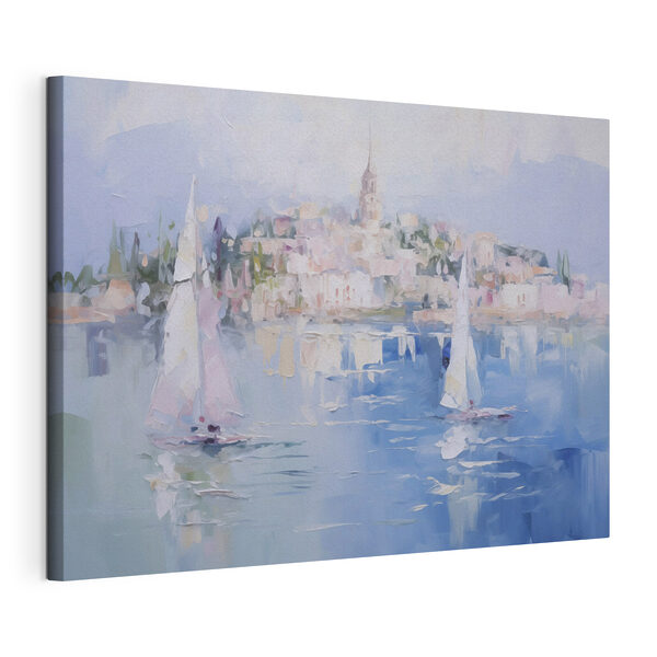 Canvas Schilderijen Schilderij van zeilboten op het water met een stad op de achtergrond (Artikelnummer: s48594) Canvas Schilderijen Canvas Schilderijen Schilderij van zeilboten op het water met een stad op de achtergrond (Artikelnummer: s48594)