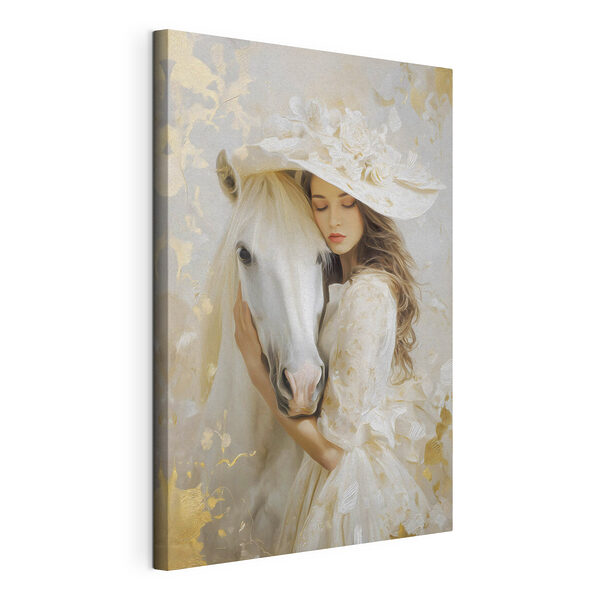 Canvas Schilderijen Vrouw in een witte jurk en hoed die een paard omhelst