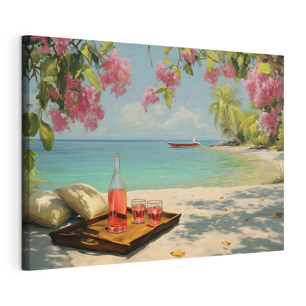 Canvas Schilderijen Dienblad met glazen en een fles met vloeistof op het strand (Artikelnummer: s48793) Canvas Schilderijen Canvas Schilderijen Dienblad met glazen en een fles met vloeistof op het strand (Artikelnummer: s48793)