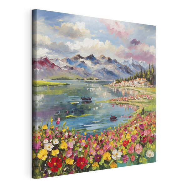 Canvas Schilderijen Schilderij van een meer met bloemen en bergen op de achtergrond (Artikelnummer: s48806) Canvas Schilderijen Canvas Schilderijen Schilderij van een meer met bloemen en bergen op de achtergrond (Artikelnummer: s48806)