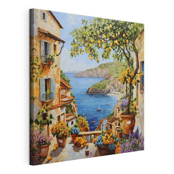 Schilderij van een stad met een waterpartij en een baai Canvas Schilderijen Schilderij van een stad met een waterpartij en een baai